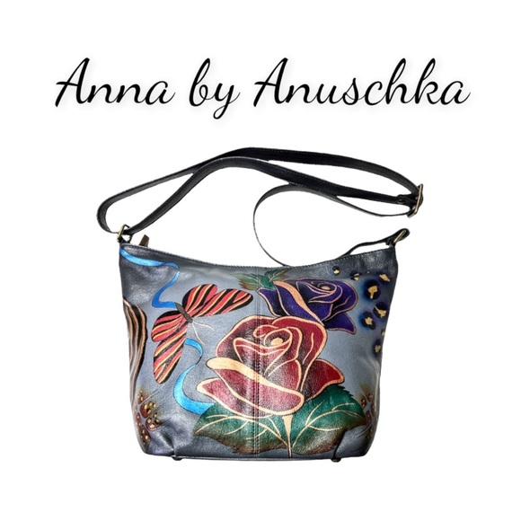 Anna by Anuschka Leather Medium Hobo Color Rose/Safari/Grey Size 12"Lx4.5"Dx9"H - Picture 1 of 15